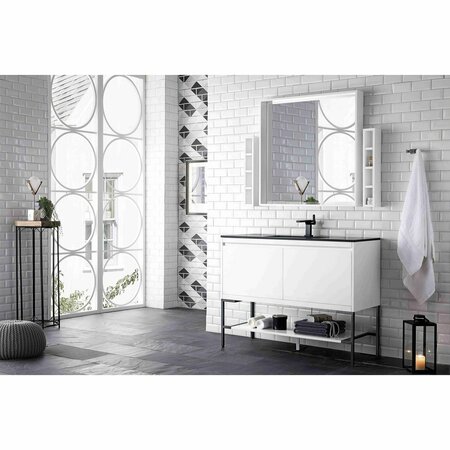 James Martin Vanities 47.3'' Single Vanity, Glossy White, Matte Black Base w/ Charcoal Black Composite Stone Top 805-V47.3-GW-MB-CH